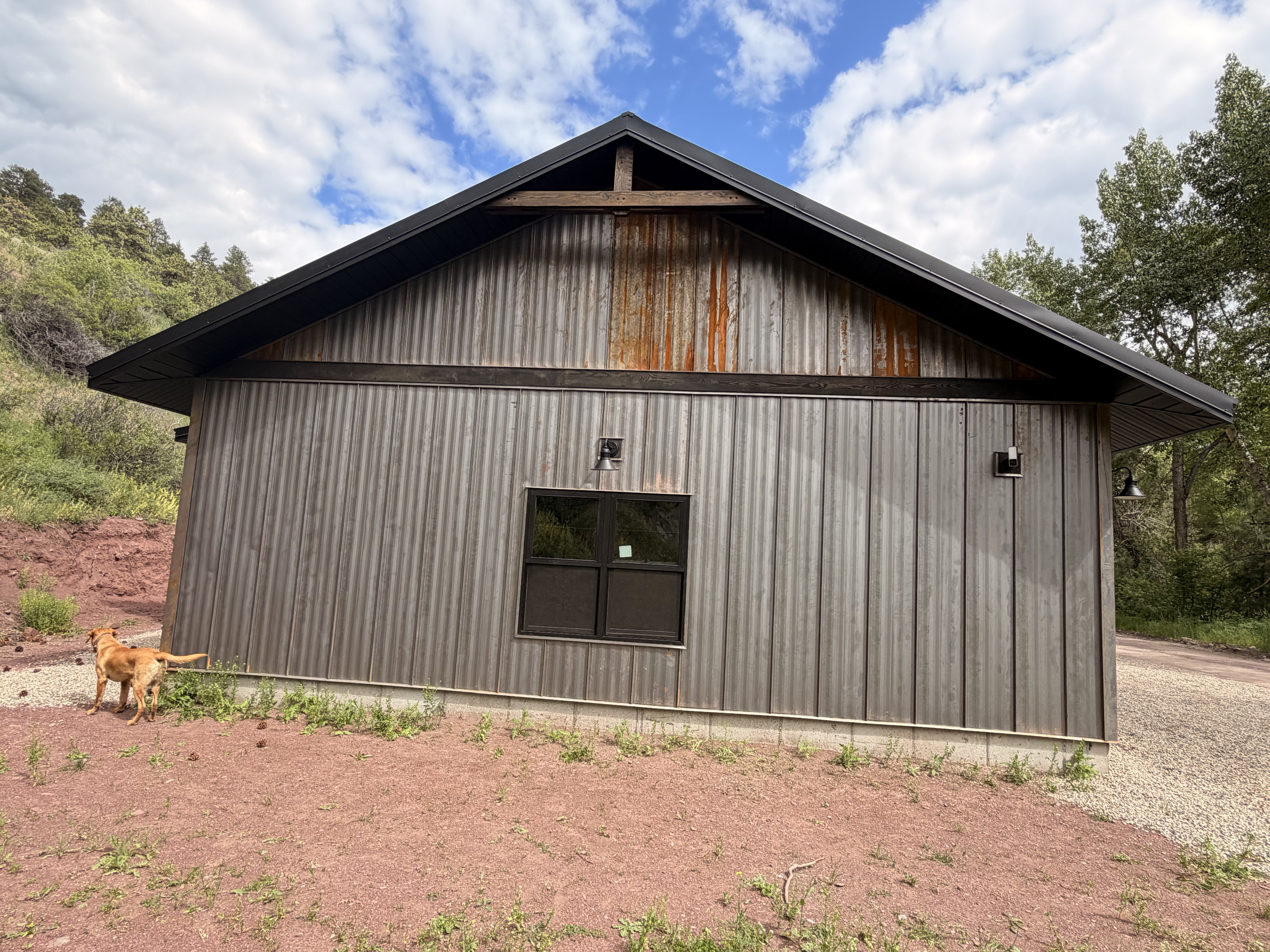 Side view — outbuilding with metal accent panel & vertical siding